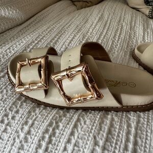 Cream and Gold Comfort Sandals with Square Buckles